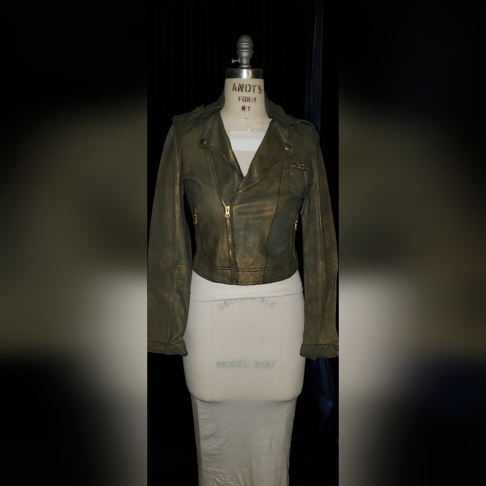 Lambskin stretch leather oilve green yellow under tone glove fitting crop jacket